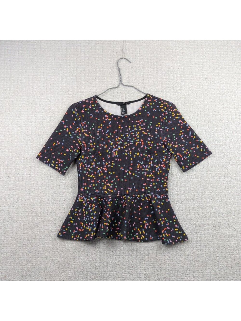 H&M Peplum Confetti Rainbow Polka Dots Fitted Flared Waist Wom Sz XS Stretch